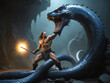 A man is holding a sword and fighting a large dark dragon snake.