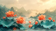 Red lotus flows in front of mountain