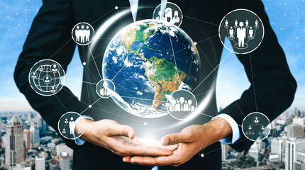 Wall Mural - People network and global communication concept. Business people with modern interface of community linking many people around world by social media platform to connect international business. uds