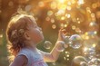 © Fxquadro - The image shows a young child mesmerized by soap bubbles during a magical golden hour, representing innocence and wonder