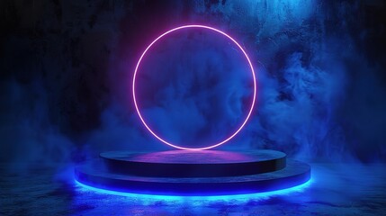 Wall Mural - empty blue podium soaring elegantly, amidst a radiant blue neon ring