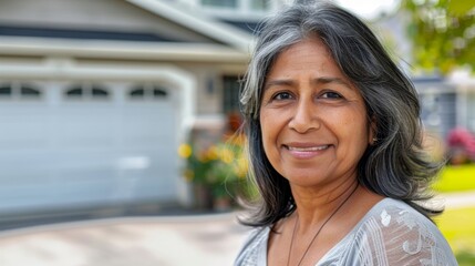 Wall Mural - A smiling woman with gray hair wearing a light-colored blouse standing in front of a house with a garage door.