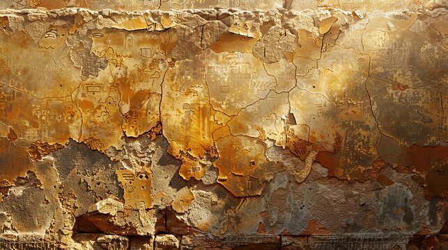 Ancient mural on sunbaked temple wall depicting historical scenes in golden hues