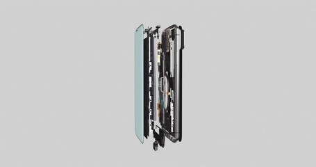 Detailed 3D animation of modern smartphone showing hardware and components inside. Black and white matte layer for compositing with other background.