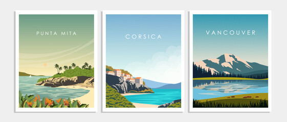 Set of travel posters, covers, postcards