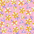 Summer seamless pattern with calibrachoa petunia yellow and white flowers on pink background. Spring vector illustration for print, fabric, tablecloth, wrapping paper, wallpaper, textile, cover