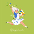 Girl women with spring bouquet of flowers. Spring in the air card or posters, web and social media cover for holiday. Vector illustration. Happy Women's Day
