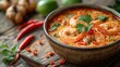 Savory shrimp soup seasoned with aromatic herbs and spicy chili peppers, served with lime wedges, in a dark rustic bowl on a textured background..