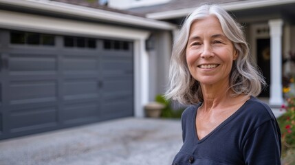 Wall Mural - Woman with gray hair smiling standing in front of a gray garage door.