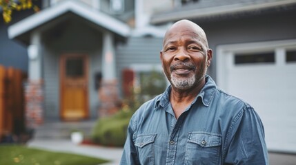 Wall Mural - A man with a beard and bald head wearing a blue shirt standing in front of a house with a white garage door.