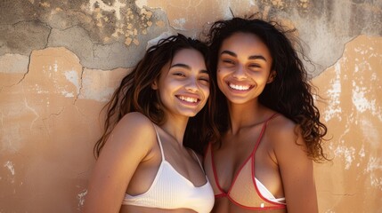 Wall Mural - Two smiling young women with long curly hair wearing white and red crop tops leaning against a textured wall with peeling paint.