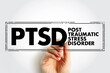 PTSD Posttraumatic Stress Disorder - psychiatric disorder that may occur in people who have experienced or witnessed a traumatic event, stamp acronym text concept background