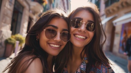 Wall Mural - Two young women with long hair wearing sunglasses and smiling posing together on a sunny day in a city street with blurred background.