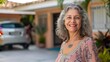 © iuricazac - Smiling woman with gray hair wearing a pink blouse with a floral pattern standing in front of a house with a white car parked in the driveway and tropical plants in the background.
