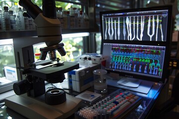 Wall Mural - scientist analyzing microscope slide at laboratory. young woman technician is examining a histologic