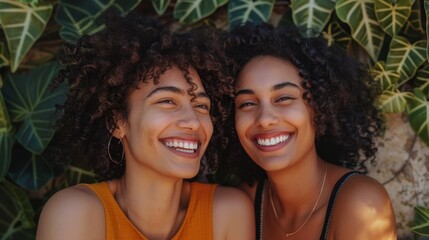 Wall Mural - Two smiling women with curly hair wearing orange and black tops against a backdrop of green leaves.