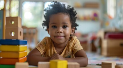 Wall Mural - A young child with curly hair wearing a yellow shirt sitting ata table with a colorful stack of blocks smiling and looking directly at the camera.