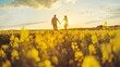 Zakochana para trzymająca się za ręce podczas zachodu słońca, wokół pole rzepaku