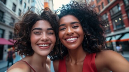 Wall Mural - Two smiling women with curly hair wearing red tops taking a selfie on a city street with blurred background.