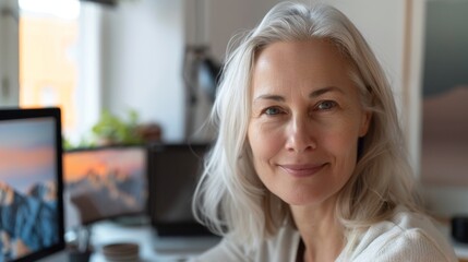 Poster - A woman with short blonde hair smiling at the camera sitting in front of a computer with a mountainous wallpaper.