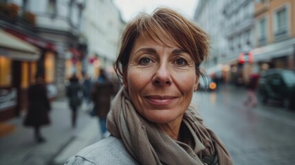 Sticker - A woman with a warm smile standing on a bustling city street wearing a scarf and looking directly at the camera.