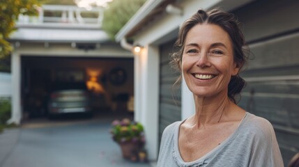 Wall Mural - Smiling woman standing in front of a house with a garage door wearing a gray top and surrounded by a potted plant and a car in the background.