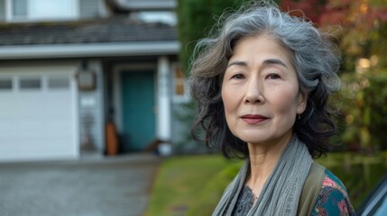 Wall Mural - Asian woman with gray hair wearing a scarf standing in front of a house with a blue door.