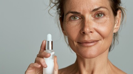 Wall Mural - Woman holding a white bottle with a dropper smiling slightly with a soft focus background.