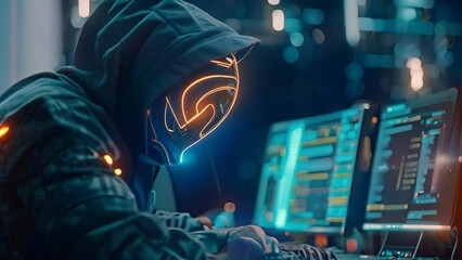 Poster - A person wearing a hooded jacket concentrating on their laptop, A cybersecurity warrior fighting against malware and viruses