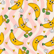 seamless pattern with cute banana on  wave backgroundPrint