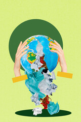 Poster - Trend artwork sketch image composite photo collage of two hands hold earth planet contain garbage recycle trash pollution global warming