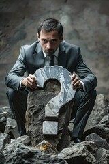 A man in a suit is holding a stone with a question mark on it. Concept of uncertainty and contemplation