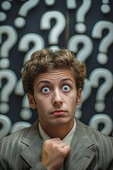 Wall Mural - A man with a tie is standing in front of a wall of questions. He looks surprised and is making a fist