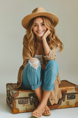 Poster - A woman is sitting on a suitcase with a hat on her head. She is smiling and she is happy