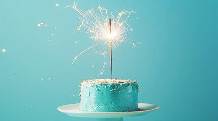 Wall Mural - Aesthetic birthday cake with sparklers on pastel blue background. Copy space. Party invitation template. Generative AI