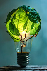 Poster - A light bulb is covered in leaves and is lit up. The bulb is a symbol of energy and life, and the leaves represent nature and growth. Concept of harmony between technology and the natural world