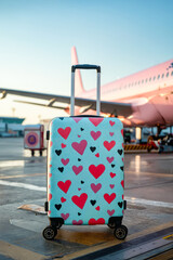 Wall Mural - A suitcase with hearts on it is sitting on the ground next to an airplane. The suitcase is blue and red and has a glittery design