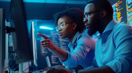 Wall Mural - two software testers african american young man and woman working in office with computer coding and