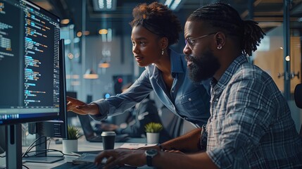 Wall Mural - two software testers african american young man and woman working in office with computer coding and
