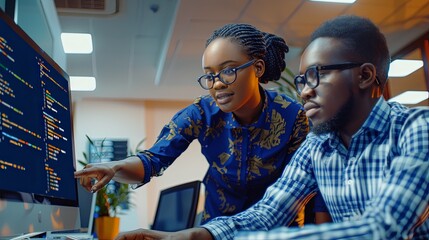 Wall Mural - two software testers african american young man and woman working in office with computer coding and