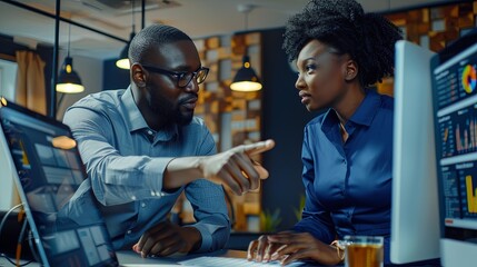 Wall Mural - closeup portrait of two black people man and woman computer programmers working together in office w