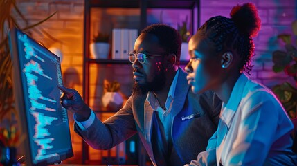 Wall Mural - closeup portrait of two black people man and woman computer programmers working together in office w