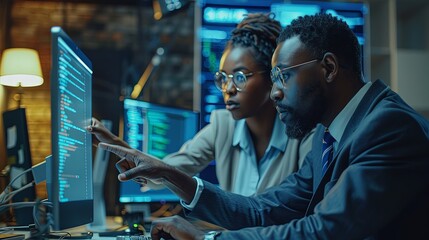 Wall Mural - two black man and woman software engineers in office collaborating in software development writing c