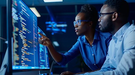 Wall Mural - two black man and woman software engineers in office collaborating in software development writing c