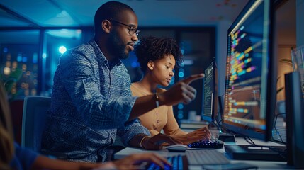 Wall Mural - two black man and woman software engineers in office collaborating in software development writing c