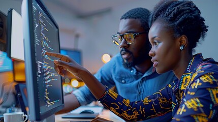Wall Mural - black man and woman software development engineers working together in office coding at computer sit