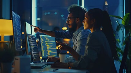 Wall Mural - black man and woman software development engineers working together in office coding at computer sit