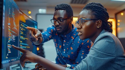Wall Mural - black man and woman software development engineers working together in office coding at computer sit