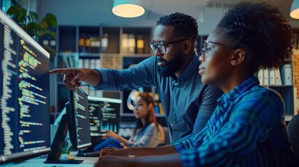 Wall Mural - black man and woman software development engineers working together in office coding at computer sit