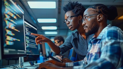 Wall Mural - two african american young people man and woman software engineers conding at desk with computer in 